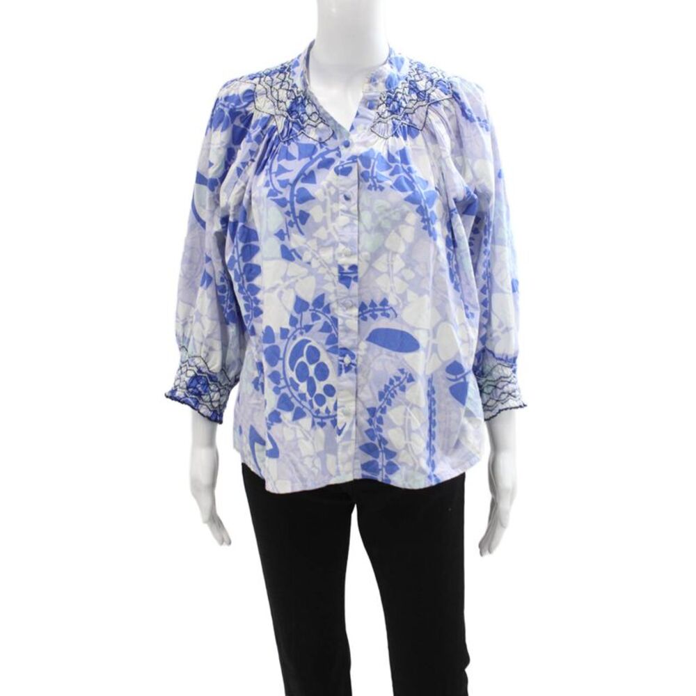 CK Bradley Women Tunic Button Up 100% Cotton Blue Geometric 3/4 Sleeve Size S